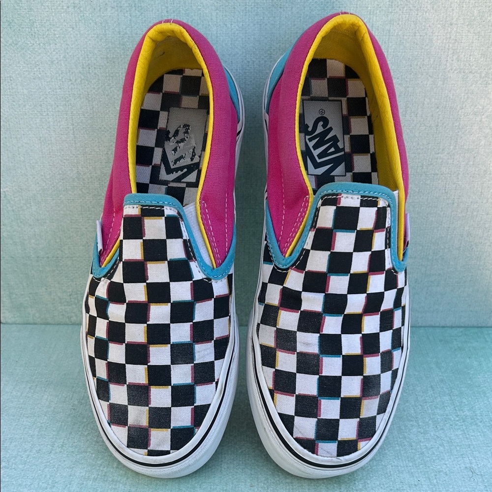 Vans Checkered Slip-On Sneakers - Pink, Yellow, and Blue